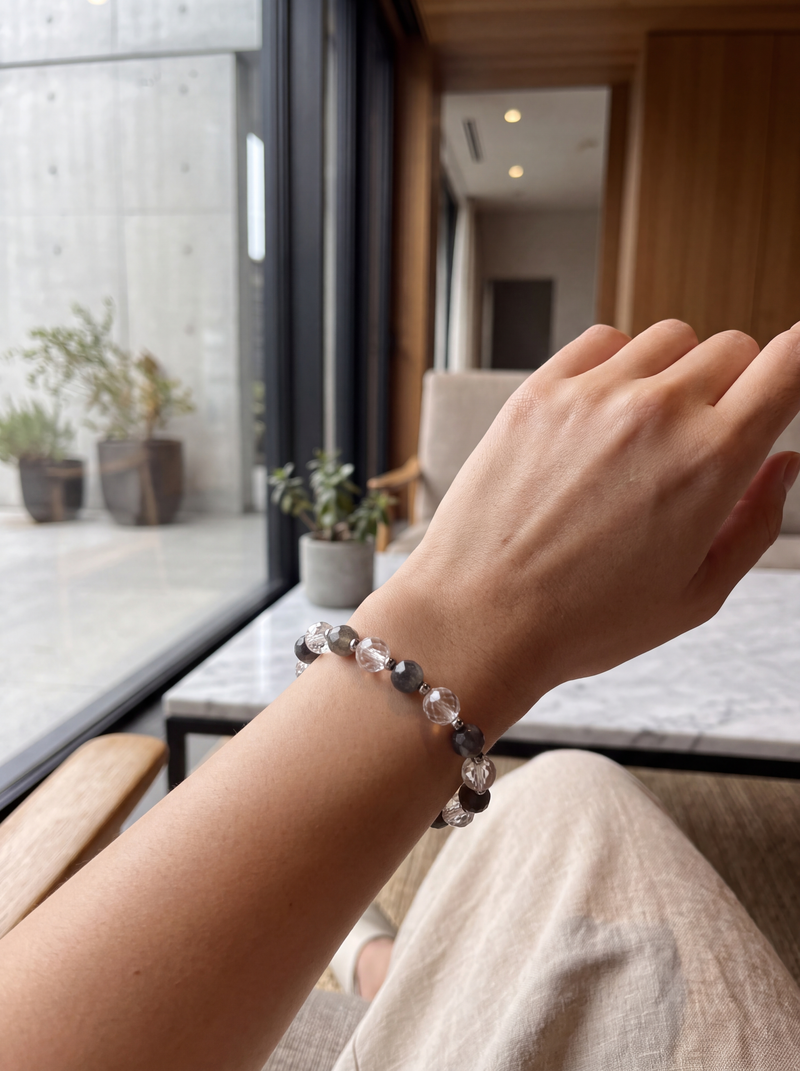 Kristal Kuvars - Labradorit Doğal Taş Bileklik Faset Kesim 8 mm