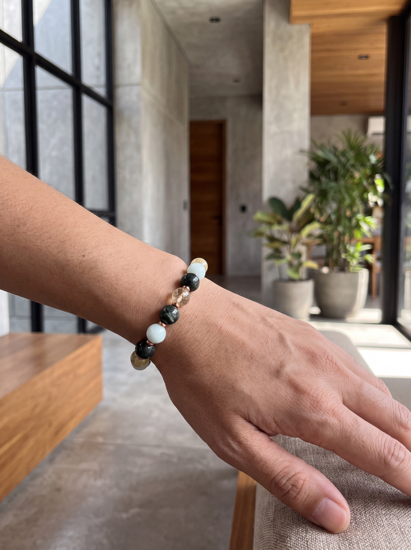 Altın Rutilli Kuvars - Serpantin - Larimar - Hematit Doğal Taş Bileklik 8 mm