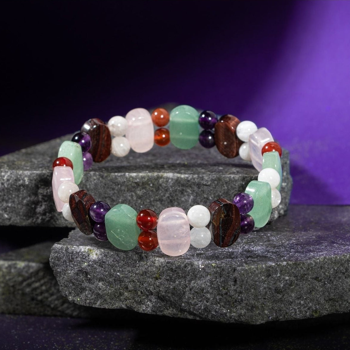 Yengeç Burcu Bileklik Ametist, Ay Taşı, Kaplan Gözü, Kırmızı Akik, Pembe Kuvars, Yeşil Aventurin
