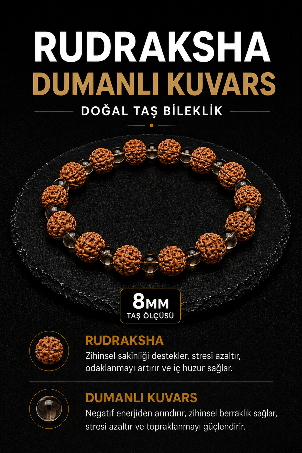 Rudraksha Dumanlı Kuvars Doğal Taş Bileklik 8 mm | Osmanlı Doğal Taş