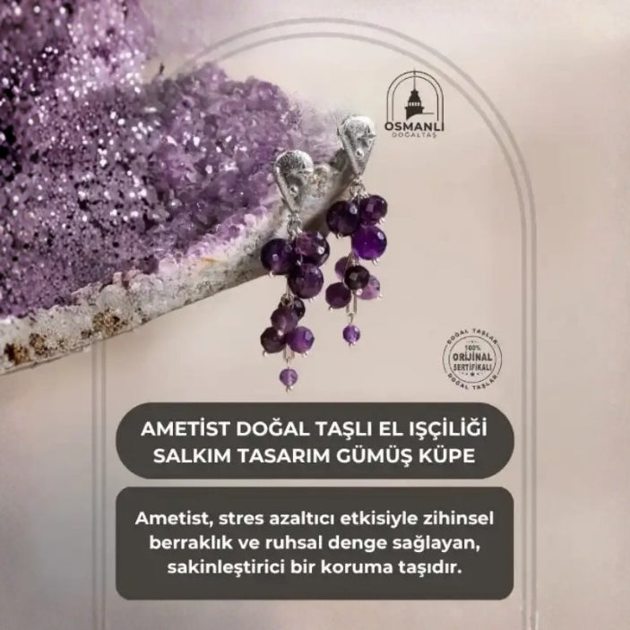 Sertifikalı Ametist Doğal Taşlı El Işçiliği Salkım Tasarım Gümüş Küpe
