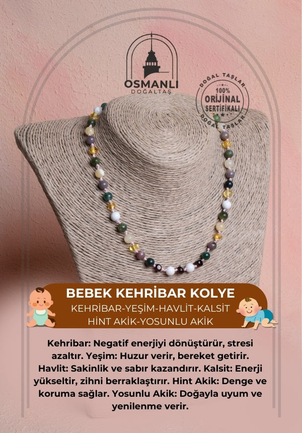 Sertifikalı Bebek Kehribar Kolye-Kehribar, Yeşim, Havlit, Kalsit, Hint Akik, Yosunlu Akik