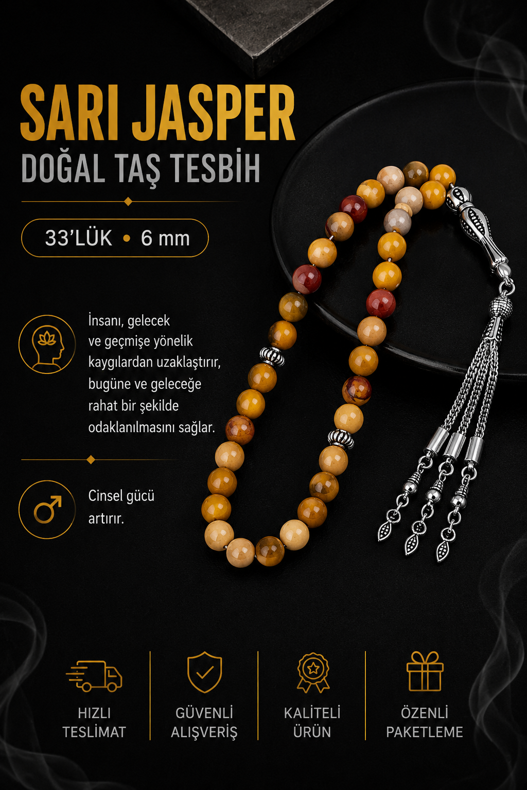 Sarı Jasper Doğal Taş Tesbih 33lük - 6mm