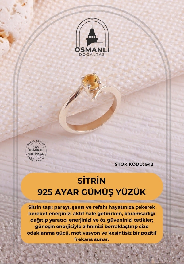 Sertifikalı Sitrin 925 Ayar Gümüş Yüzük (SK:542)