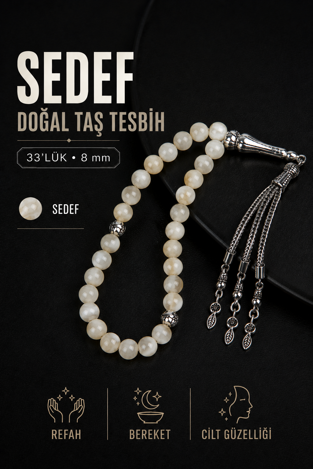 Sedef Doğal Taş Tesbih 33lük - 8mm