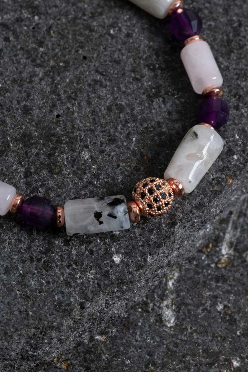 Sertifikalı Ametist, Ay Taşı ve Pembe Kuvars Doğal Taş Bileklik
