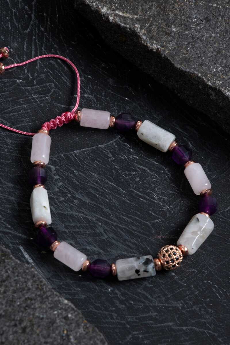 Sertifikalı Ametist, Ay Taşı ve Pembe Kuvars Doğal Taş Bileklik