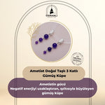Sertifikalı Ametist Doğal Taşlı 3 Katlı Sallantılı Tasarım Gümüş Küpe