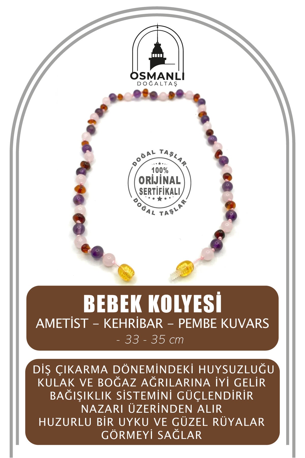 Sertifikalı Bebek Kehribar Kolye-ametist-kehribar-pembe Kuvars (33-35 CM)