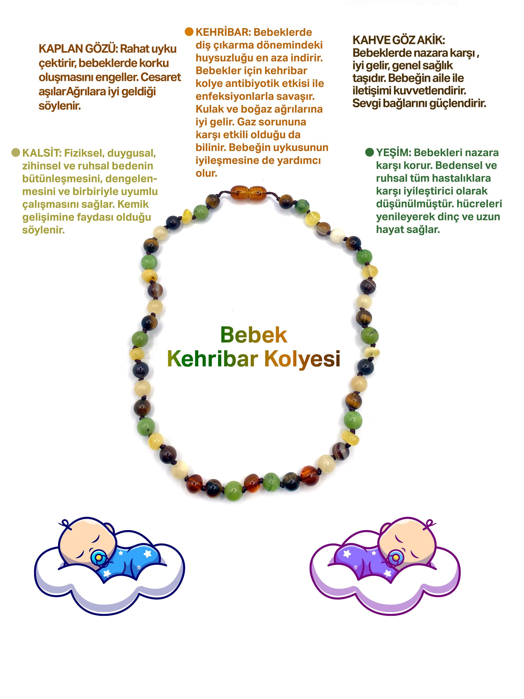 Sertifikalı Bebek Kehribar Kolye Kehribar - Yeşim - Kaplan Gözü - Kahve Göz Akik- Kalsit