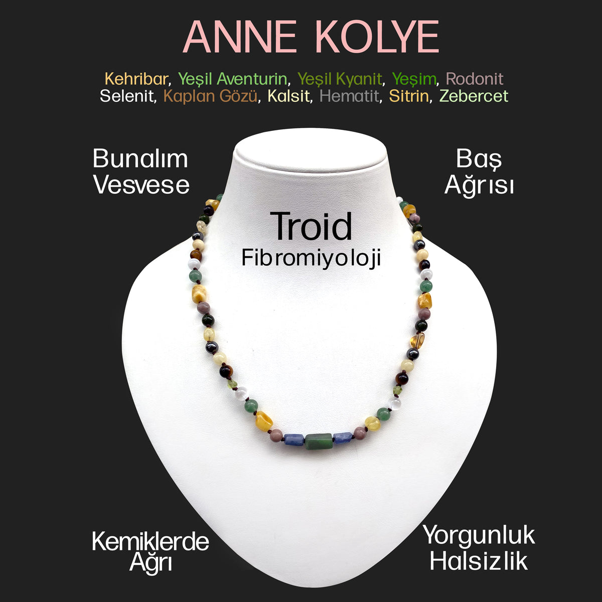 Anne Kolye Sertifikalı Doğal Taş 6 Mm Kehribar-Yeşil Aventurin-Yeşil Kiyanit-Yeşim-Rodonit-Selenit-Kaplan Gözü-Kalsit-Hematit-Sitrin-Zeberced