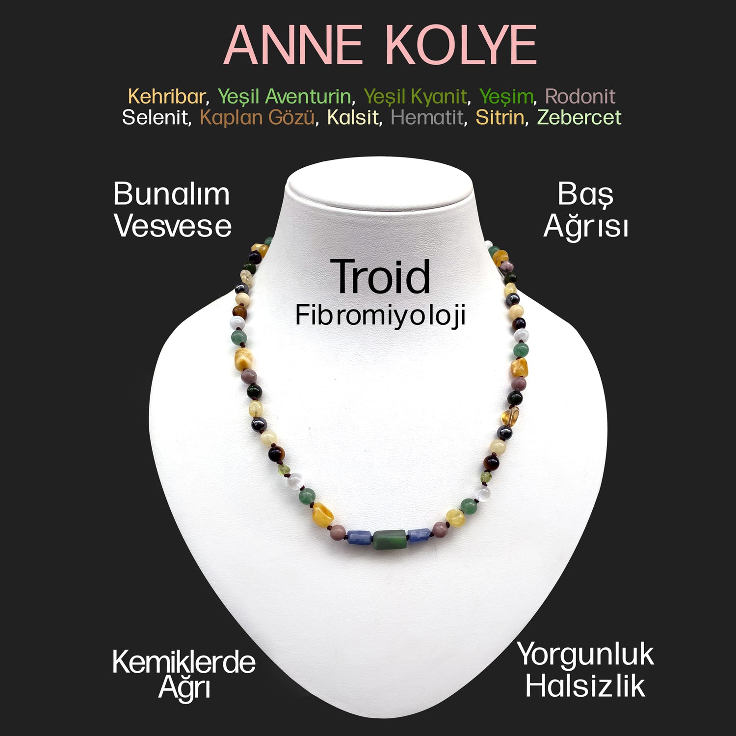 Anne Kolye Sertifikalı Doğal Taş 6 Mm Kehribar-Yeşil Aventurin-Yeşil Kiyanit-Yeşim-Rodonit-Selenit-Kaplan Gözü-Kalsit-Hematit-Sitrin-Zeberced