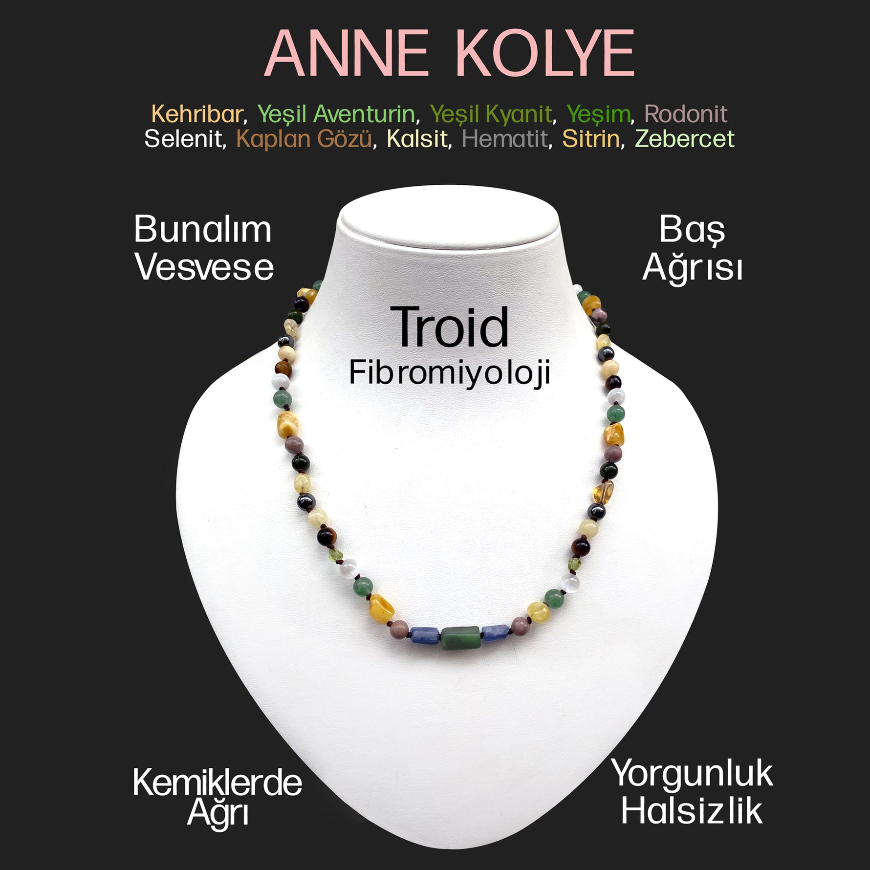 Anne Kolye Sertifikalı Doğal Taş 6 Mm Kehribar-Yeşil Aventurin-Yeşil Kiyanit-Yeşim-Rodonit-Selenit-Kaplan Gözü-Kalsit-Hematit-Sitrin-Zeberced