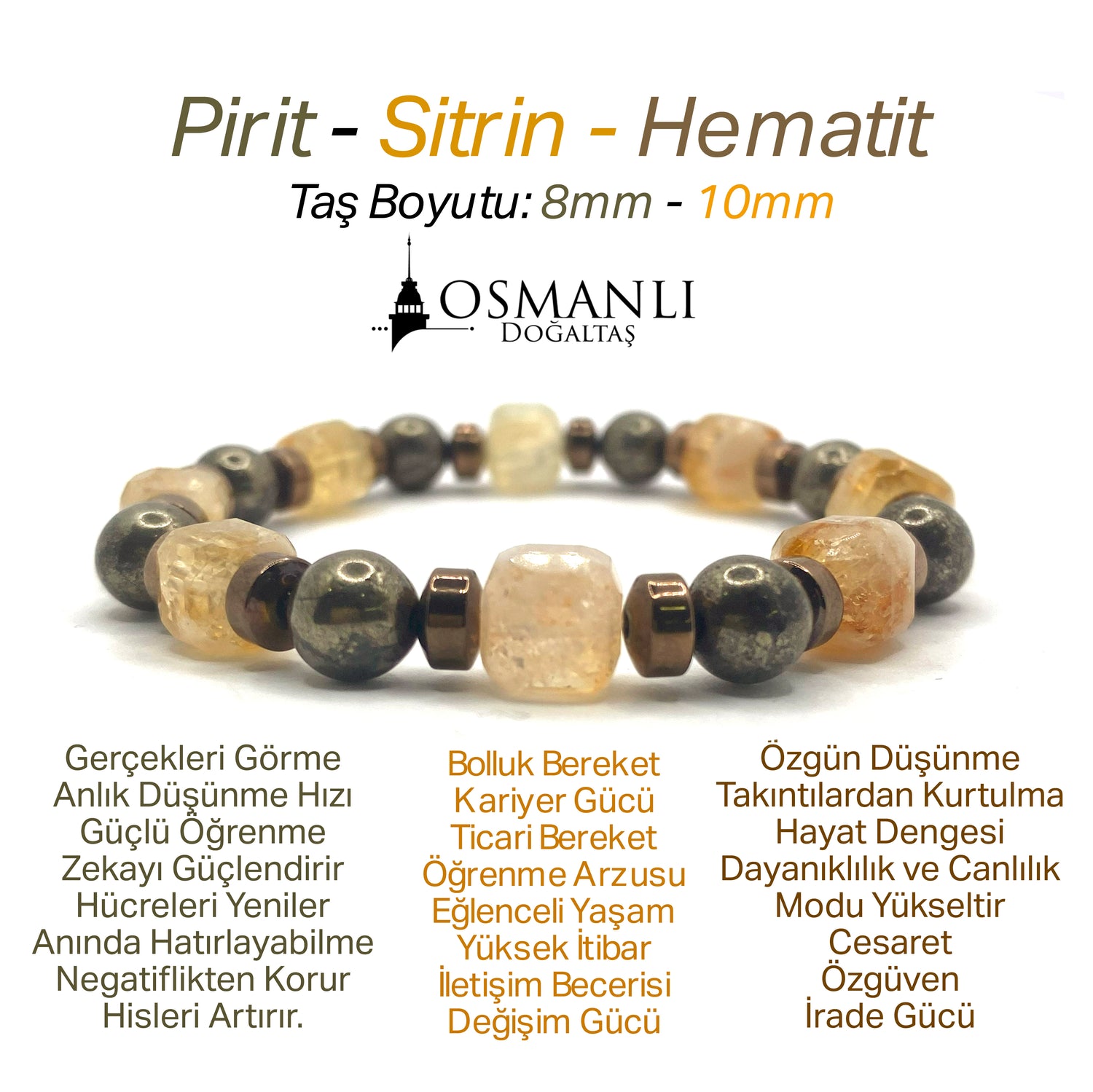 Sertifikalı Hakiki Orijinal 8mm Pirit - Sitrin - Hematit Doğal Taş Misinalı Bileklik