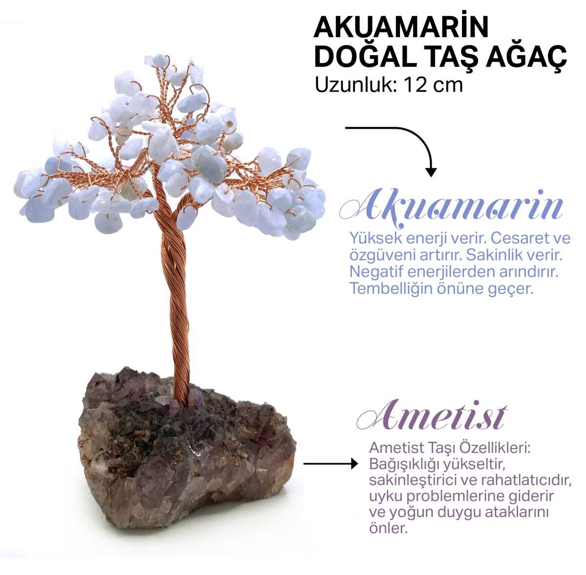 Sertifikalı Hakiki Orijinal Doğal Taş Akuamarin Ağaç - Alt Kısmı Ametist