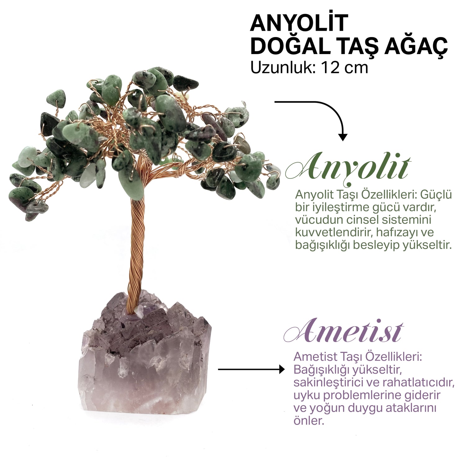 Sertifikalı Hakiki Orijinal Doğal Taş Anyolit Ağaç - Alt Kısmı Ametist 