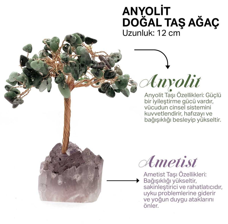 Sertifikalı Hakiki Orijinal Doğal Taş Anyolit Ağaç - Alt Kısmı Ametist