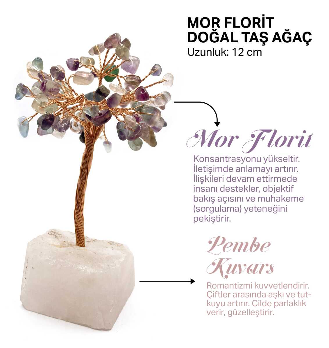Sertifikalı Hakiki Orijinal Doğal Taş Mor Florit Ağaç - Alt Kısmı Pembe Kuvars