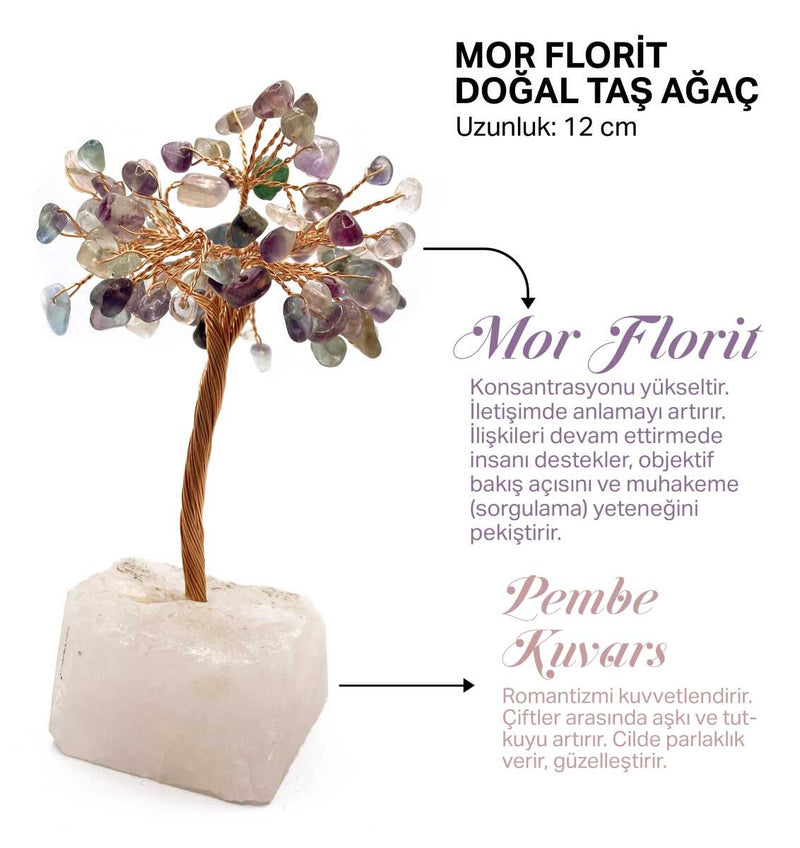 Sertifikalı Hakiki Orijinal Doğal Taş Mor Florit Ağaç - Alt Kısmı Pembe Kuvars