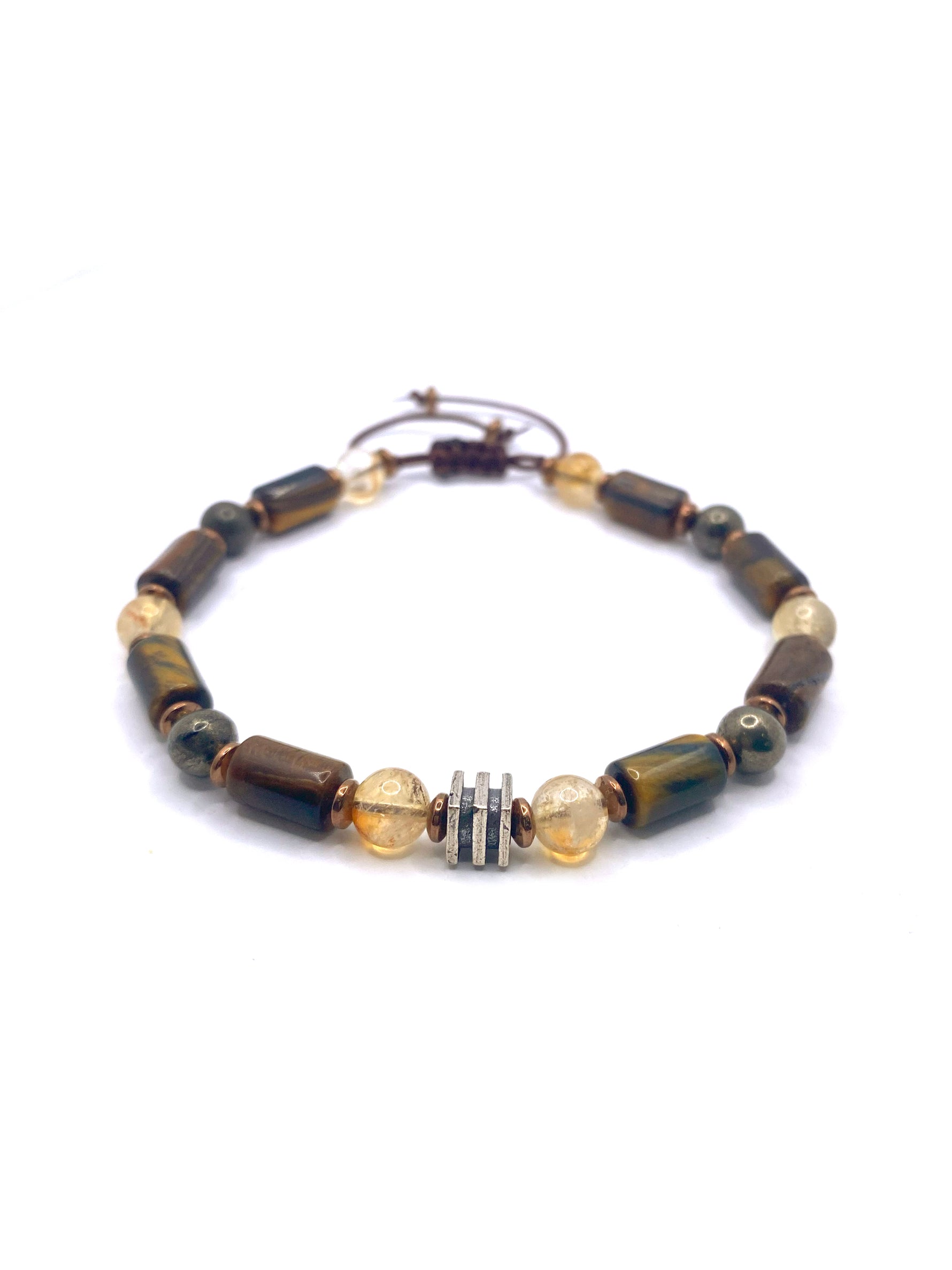 Sertifikalı Hakiki Orijinal Kaplan Gözü - 6mm Sitrin - Pirit - Hematit Doğal Taş İpli Ayarlanabilir Bileklik