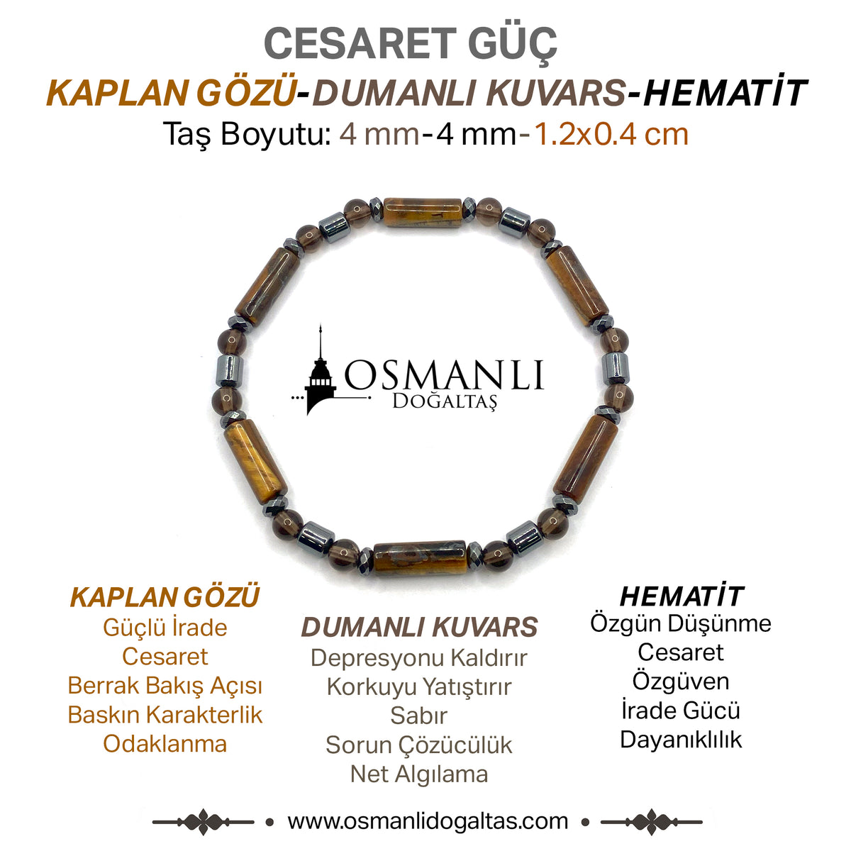 Sertifikalı Kaplan Gözü-Dumanlı Kuvars-Hematit Doğal Taş Bileklik