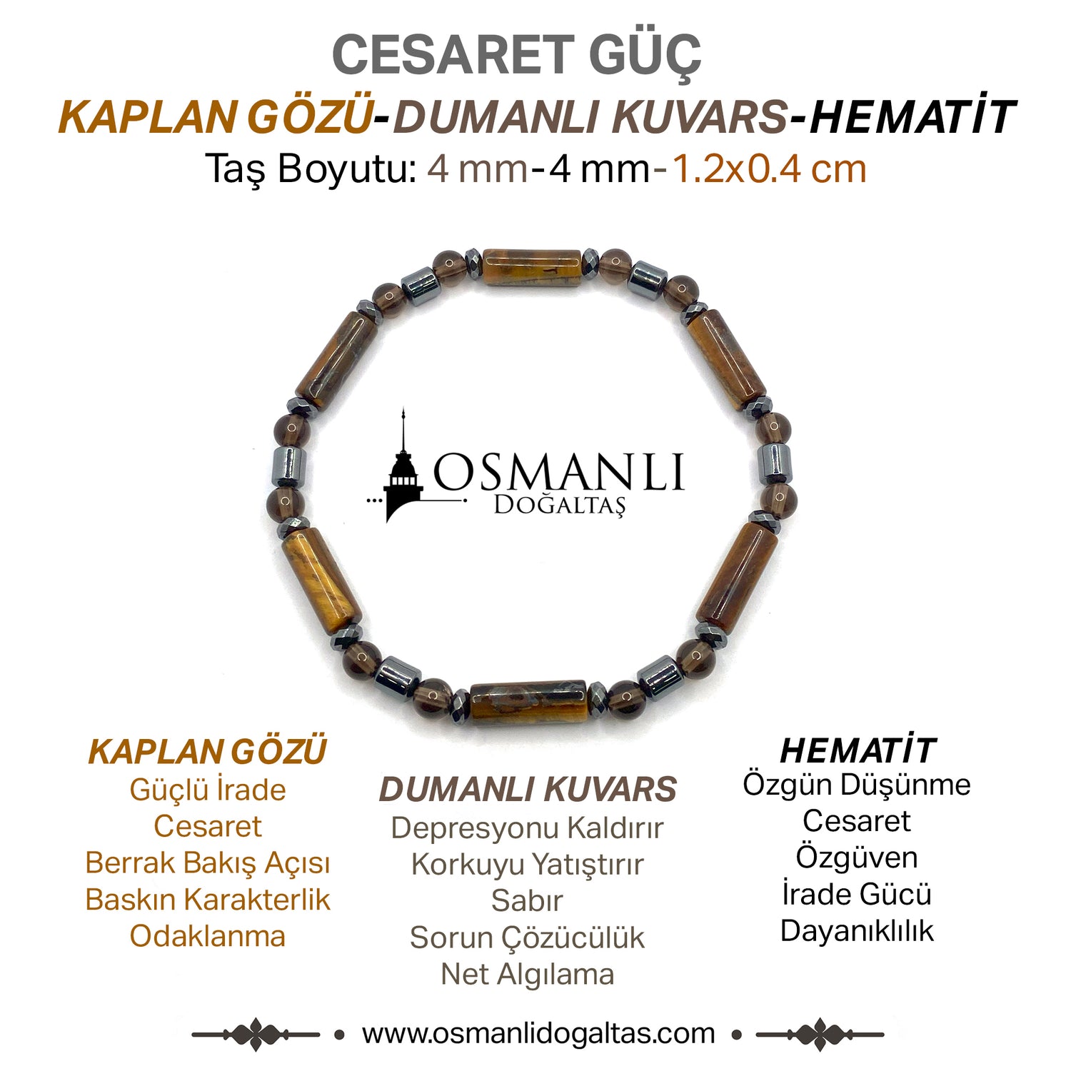 Sertifikalı Kaplan Gözü-Dumanlı Kuvars-Hematit Doğal Taş Bileklik