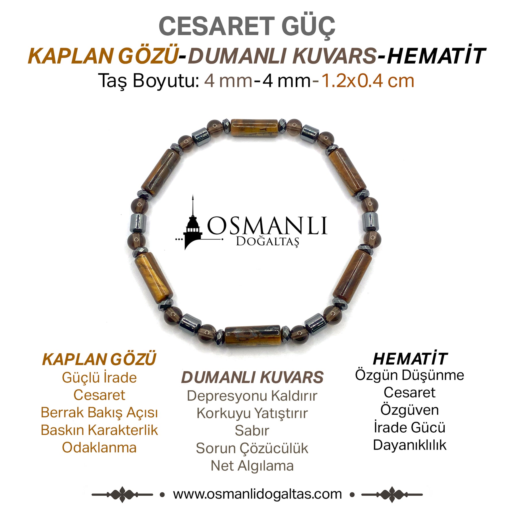 Sertifikalı Kaplan Gözü-Dumanlı Kuvars-Hematit Doğal Taş Bileklik