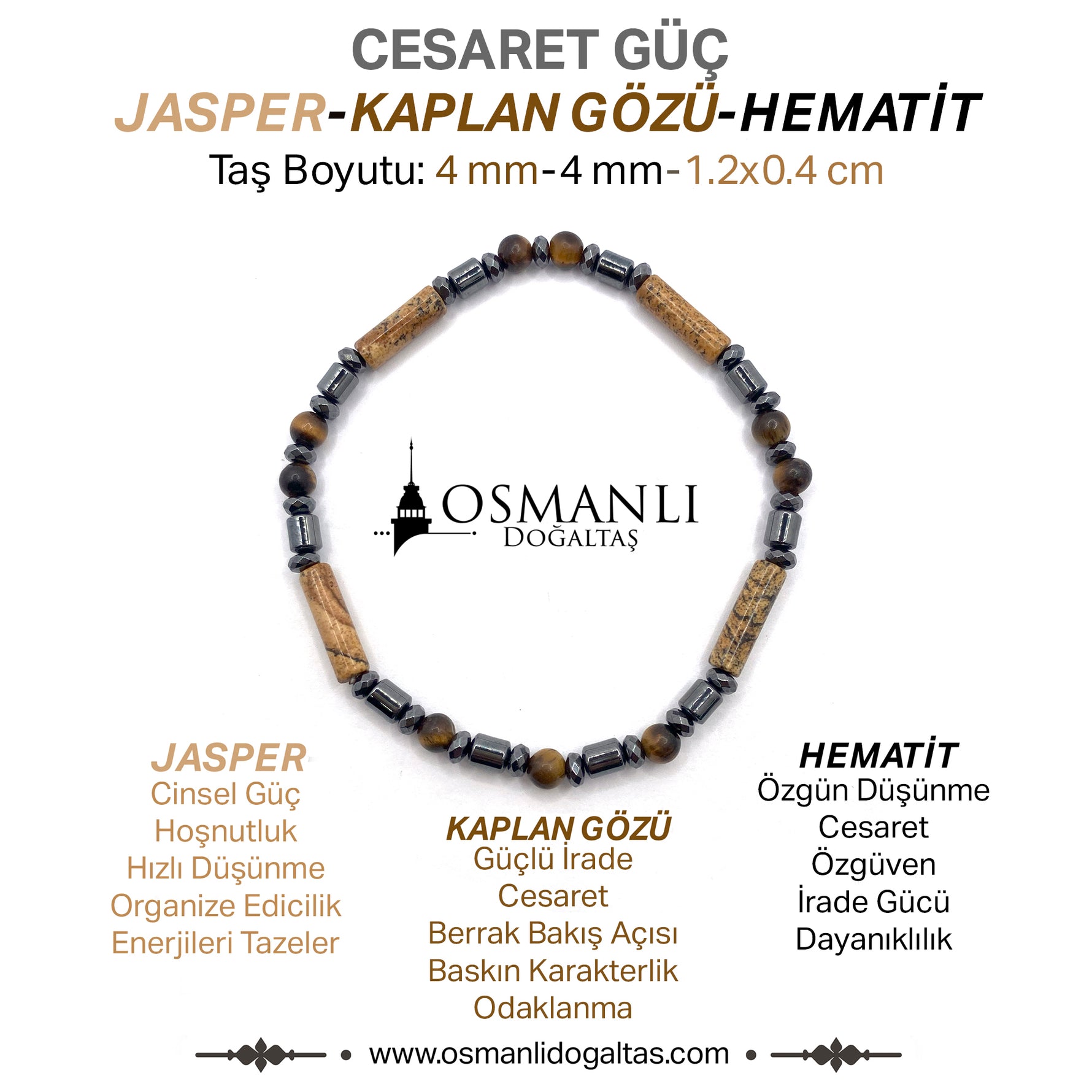 Sertifikalı Orjinal Kaplan Gözü-Jasper-Hematit Doğal Taş Bileklik