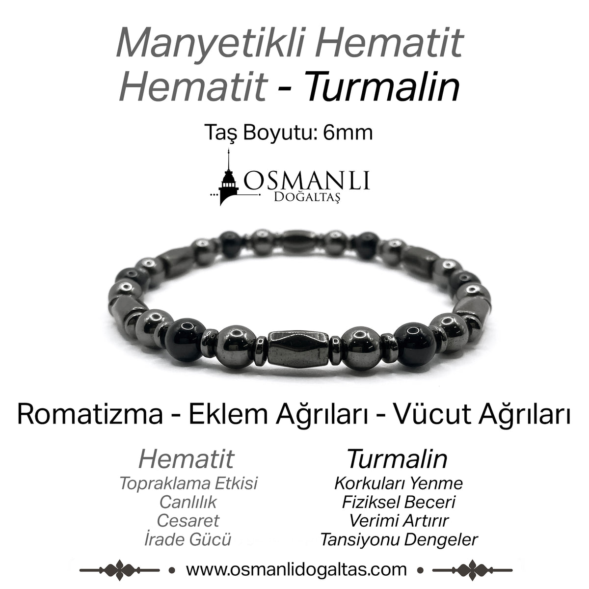 Sertifikalı Manyetikli Hematit - Hematit - Turmalin Doğal Taş Bileklik Romatizma Eklem Ağrıları