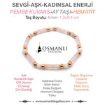 Sertifikalı Pembe Kuvars-Ay Taşı-Hematit Doğal Taş Bileklik