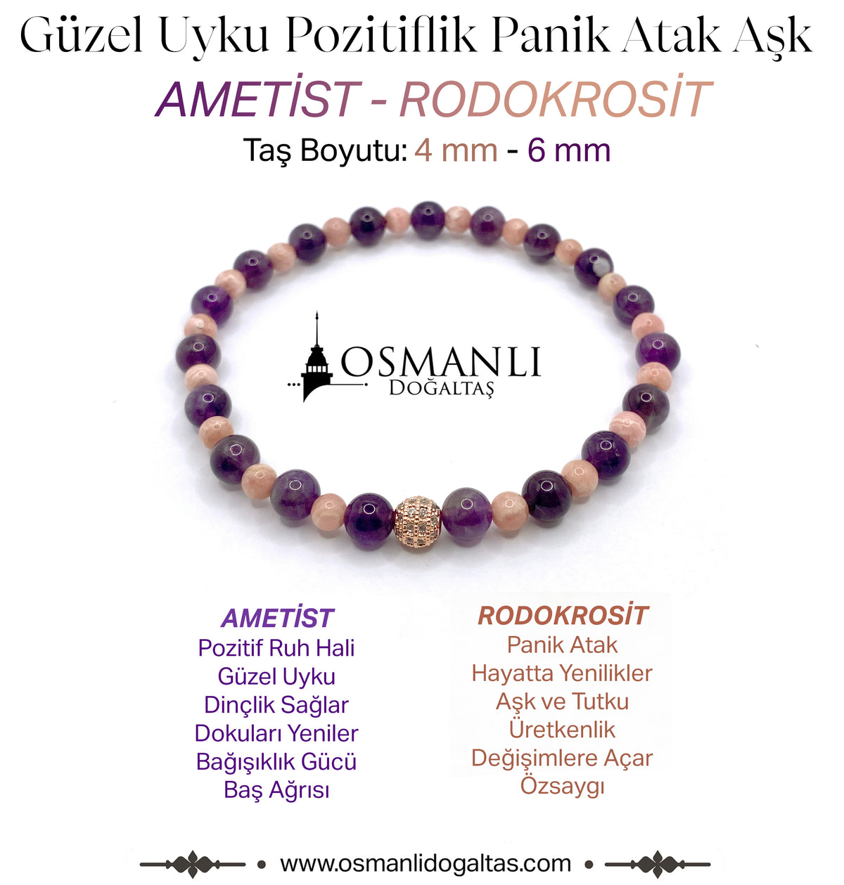 Sertifikalı Rodokrosit Ametist Doğal Taş Misinalı Bileklik 