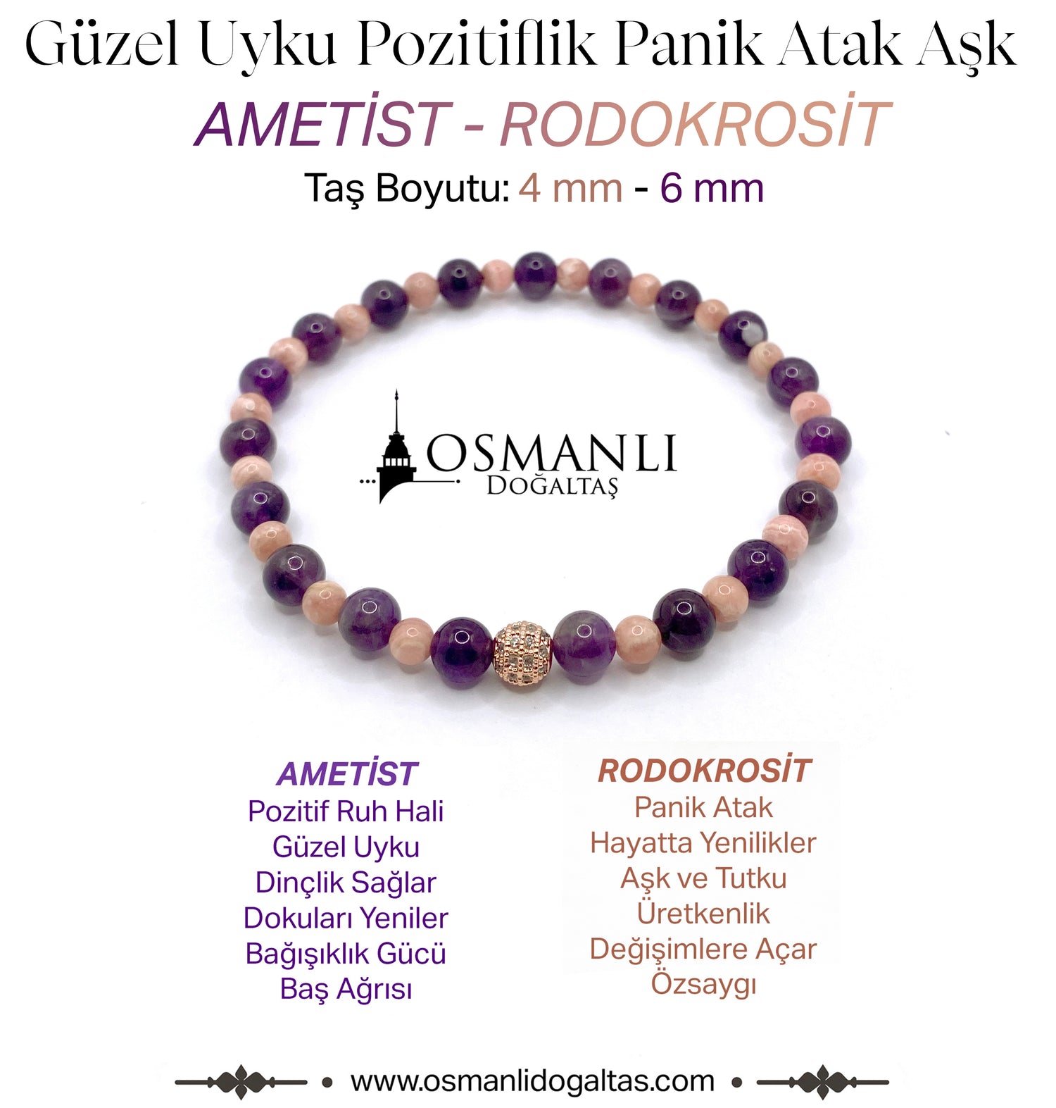 Sertifikalı Rodokrosit Ametist Doğal Taş Misinalı Bileklik 