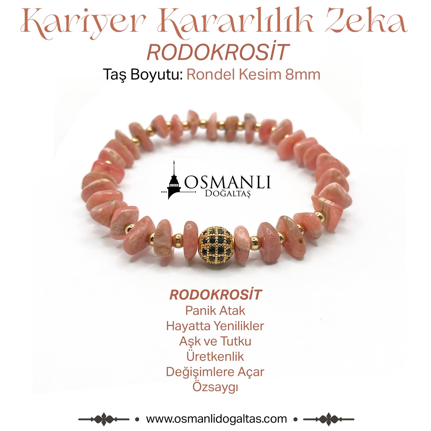 Sertifikalı Hakiki Orijinal Rodokrosit Rondel Kesim - Hematit Doğal Taş Misinalı Bileklik