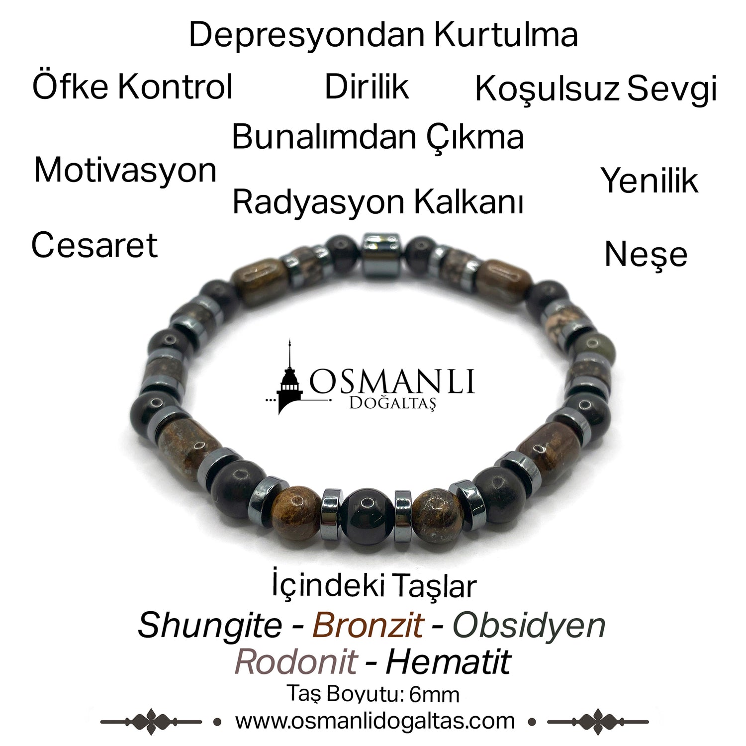 Sertifikalı Hakiki Orijinal (Şungit) Shungite - Bronzit - Obsidyen - Rodonit - Hematit 6mm Misinalı Doğal Taş Bileklik