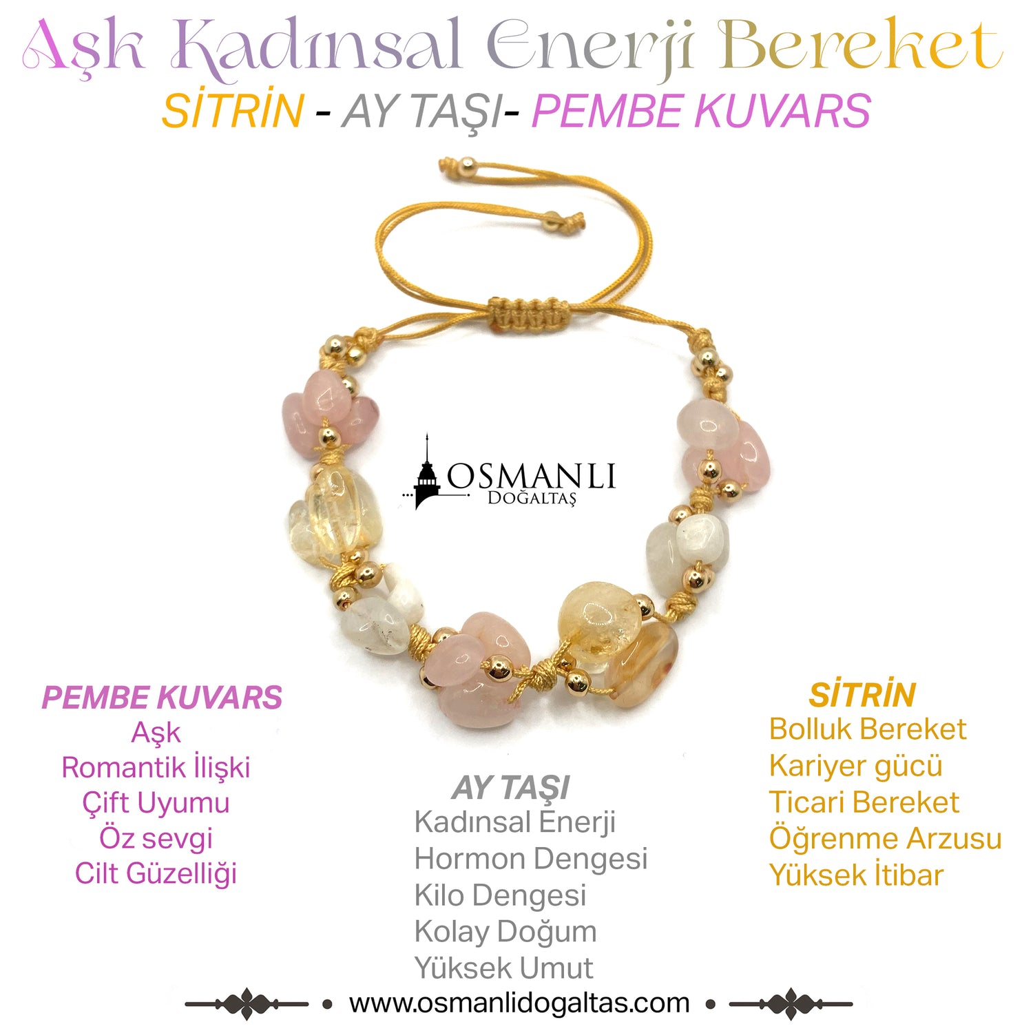 Sertifikalı Hakiki Orijinal Sitrin - Pembe Kuvars - Ay Taşı - Hematit Doğal Taş İpli Merdiven Kapama Bileklik
