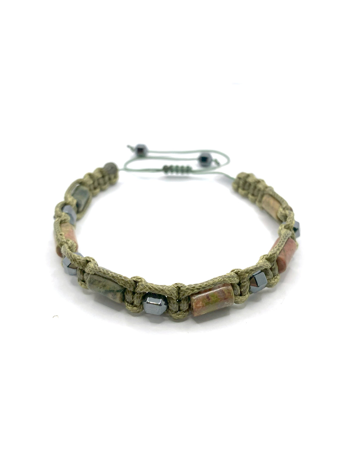 Sertifikalı Hakiki Orijinal Unakit - Hematit  Doğal Taş İpli Bileklik (Köşeli Makrome Model)