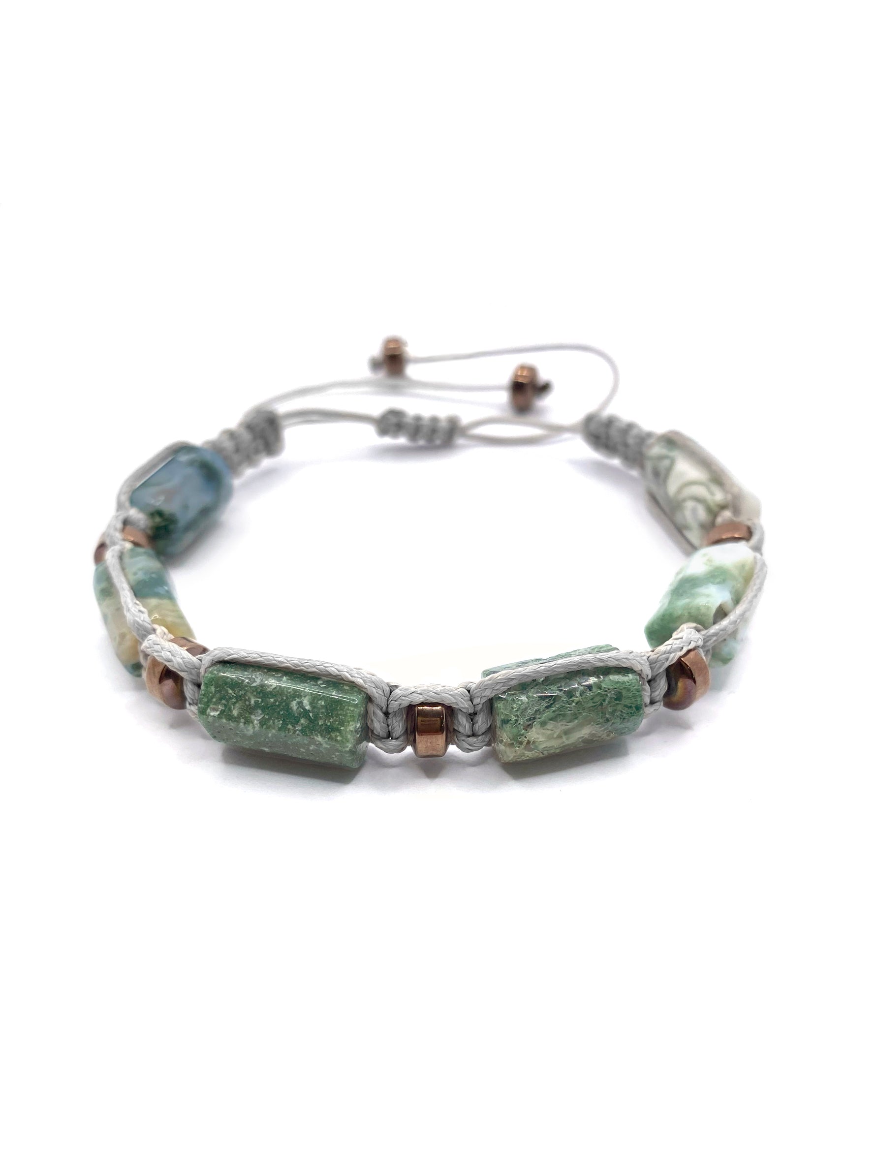 Sertifikalı Hakiki Orijinal Yosunlu Akik - Hematit  Doğal Taş İpli Bileklik (Köşeli Makrome Model)