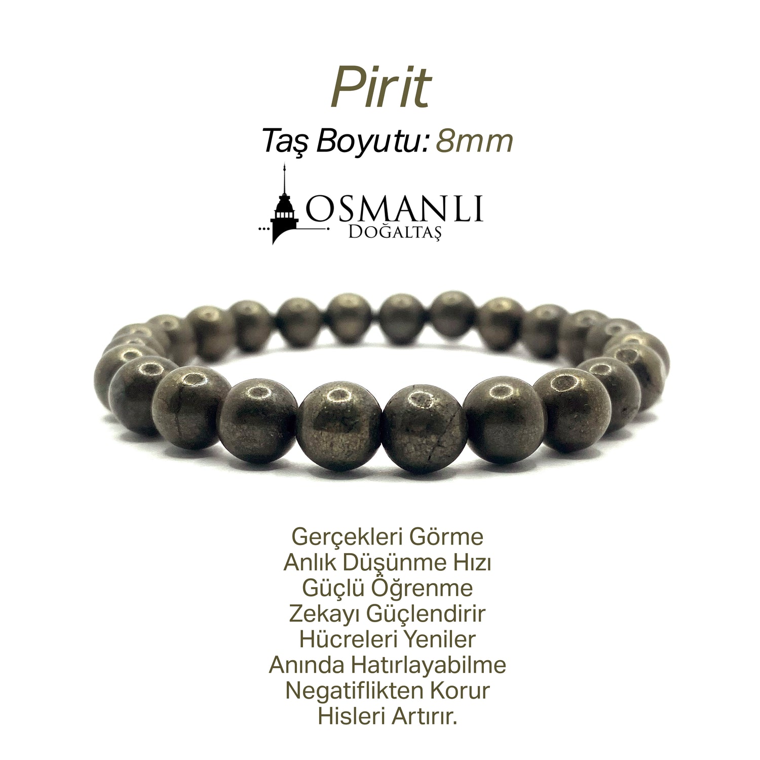 Sertifikalı Hakiki Orijinal Pirit 8mm Doğal Taş Misinalı Bileklik