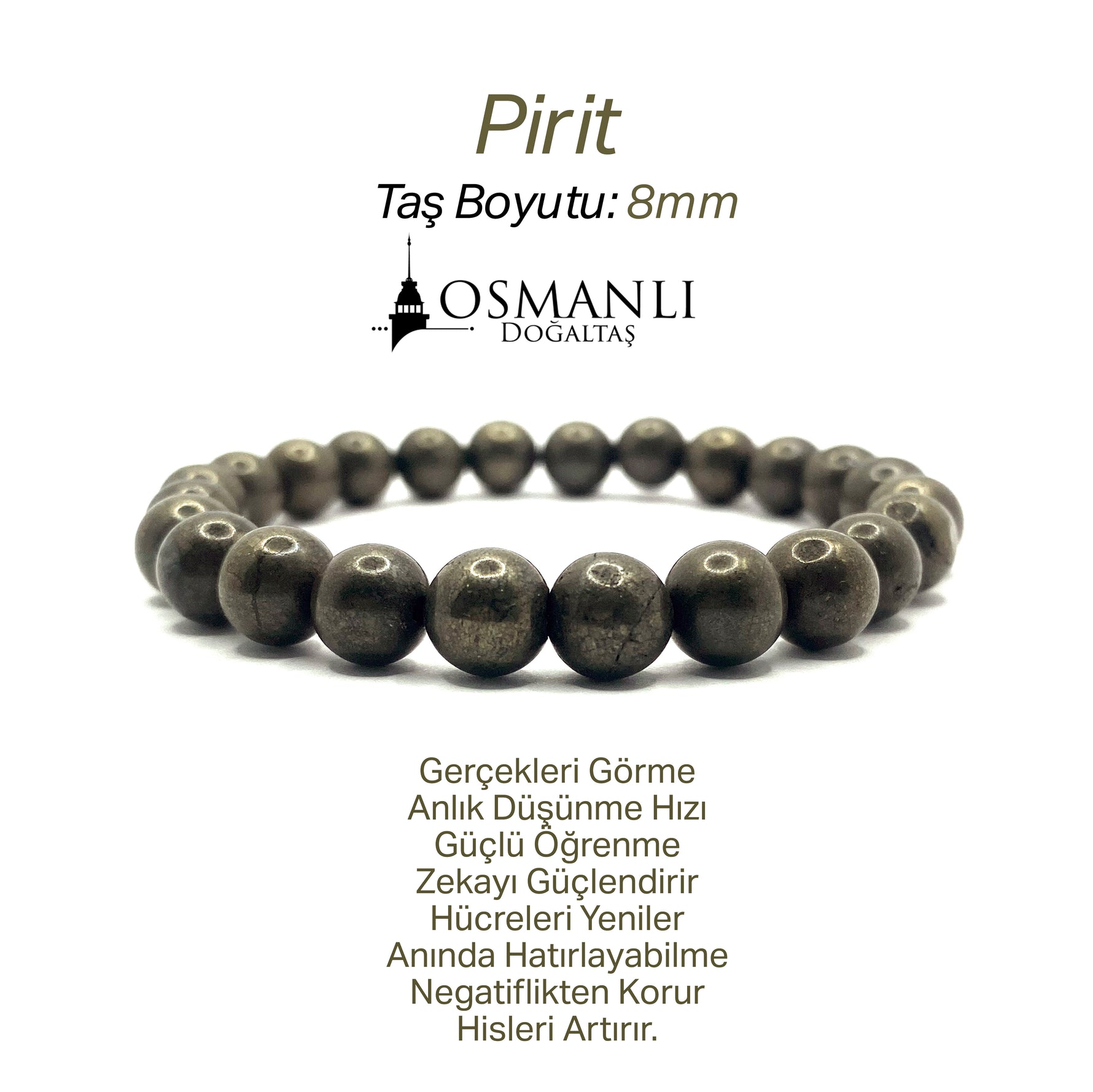 Sertifikalı Hakiki Orijinal Pirit 8mm Doğal Taş Misinalı Bileklik