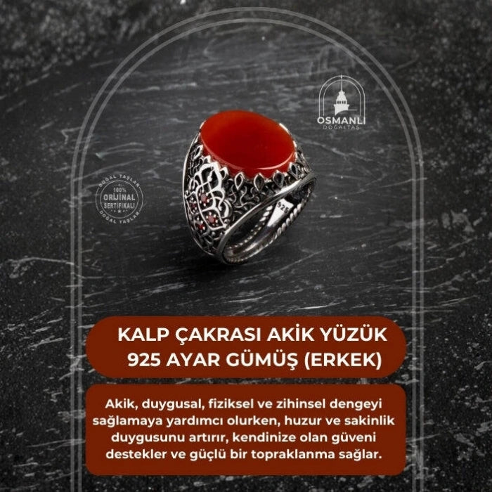 Sertifikalı Kalp Çakrası Akik Yüzük 925 Ayar Gümüş (Erkek)