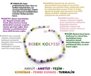 Sertifikalı Kehribar-turmalin-ametist-havlit-yeşim-pembe Kuvars-bebek Kolyesi M203
