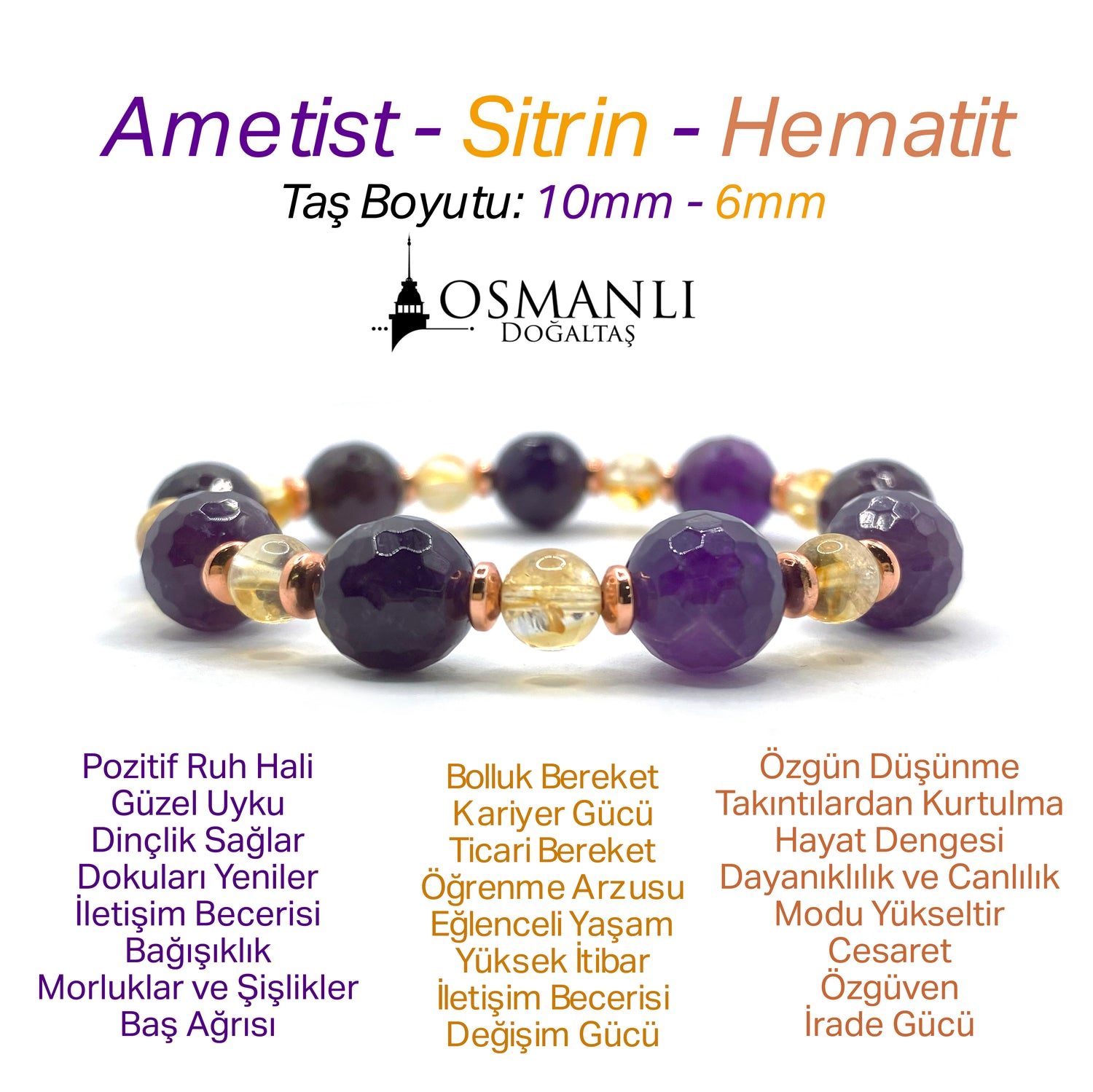Sertifikalı Orijinal Hakiki 10mm Fasetli Ametist - 6 mm Sitrin - Hematit Misinalı Bileklik