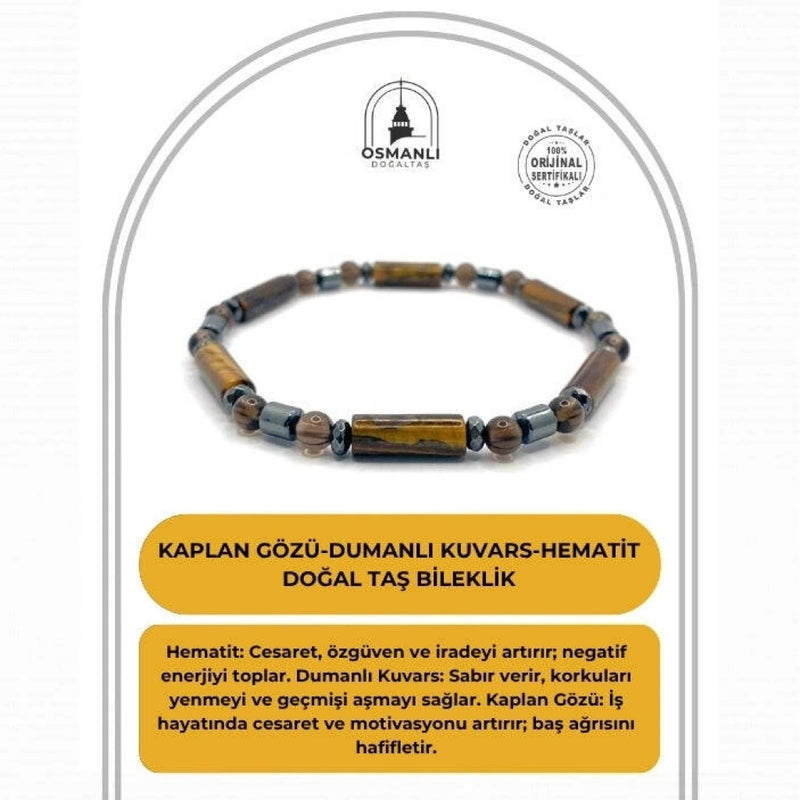 Sertifikalı Orjinal Kaplan Gözü-Dumanlı Kuvars-Hematit Doğal Taş Bileklik