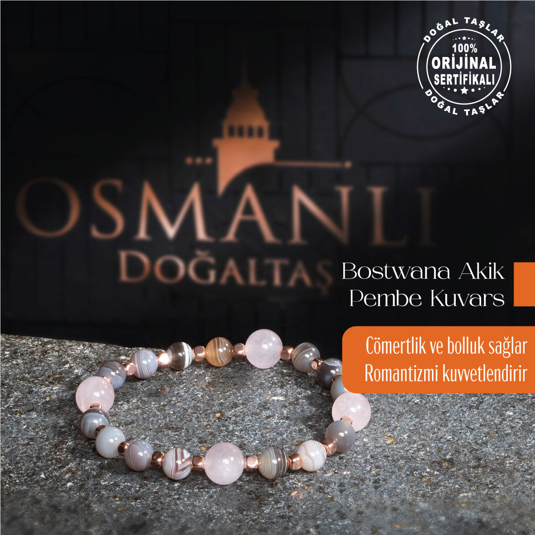 Sertifikalı Osmanlı Bostwana Akik ve Pembe Kuvars Bileklik – Enerji ve Stil
