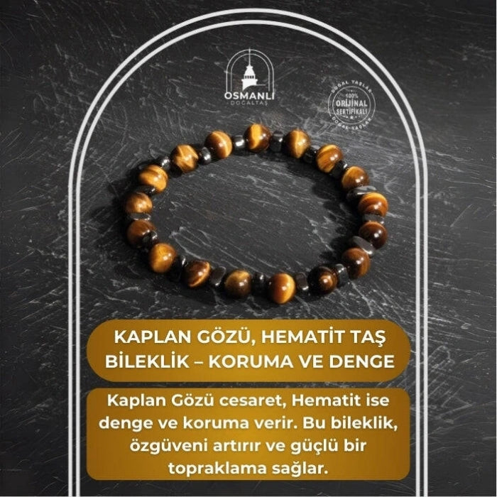 Sertifikalı Osmanlı Kaplan Gözü ve Hematit Taş Bileklik – Koruma ve Denge