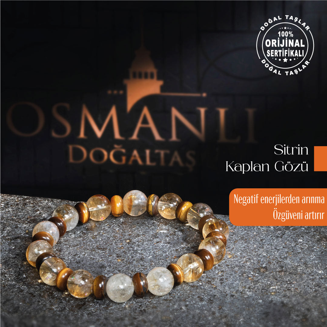 Sertifikalı Orijinal Sitrin Kaplan Gözü Doğal Taş Bileklik- Negatif Enerji