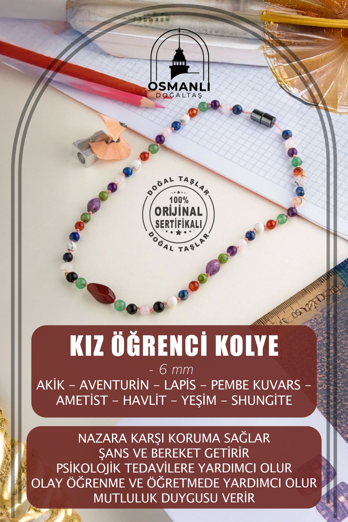 Sertifikalı Sertifikalı Doğaltaş Düğümlü Kız Öğrenci Kolye 6 Mm