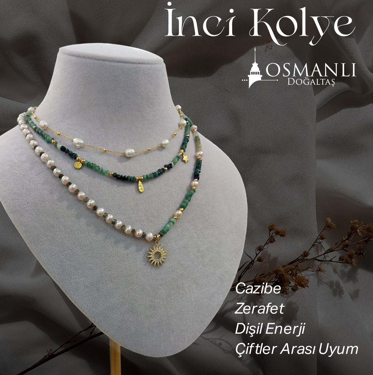 Sevgililer Gününe Özel İnci - Zümrüt Doğal Taş 925 Ayar Gümüş Kolye Seti 3&