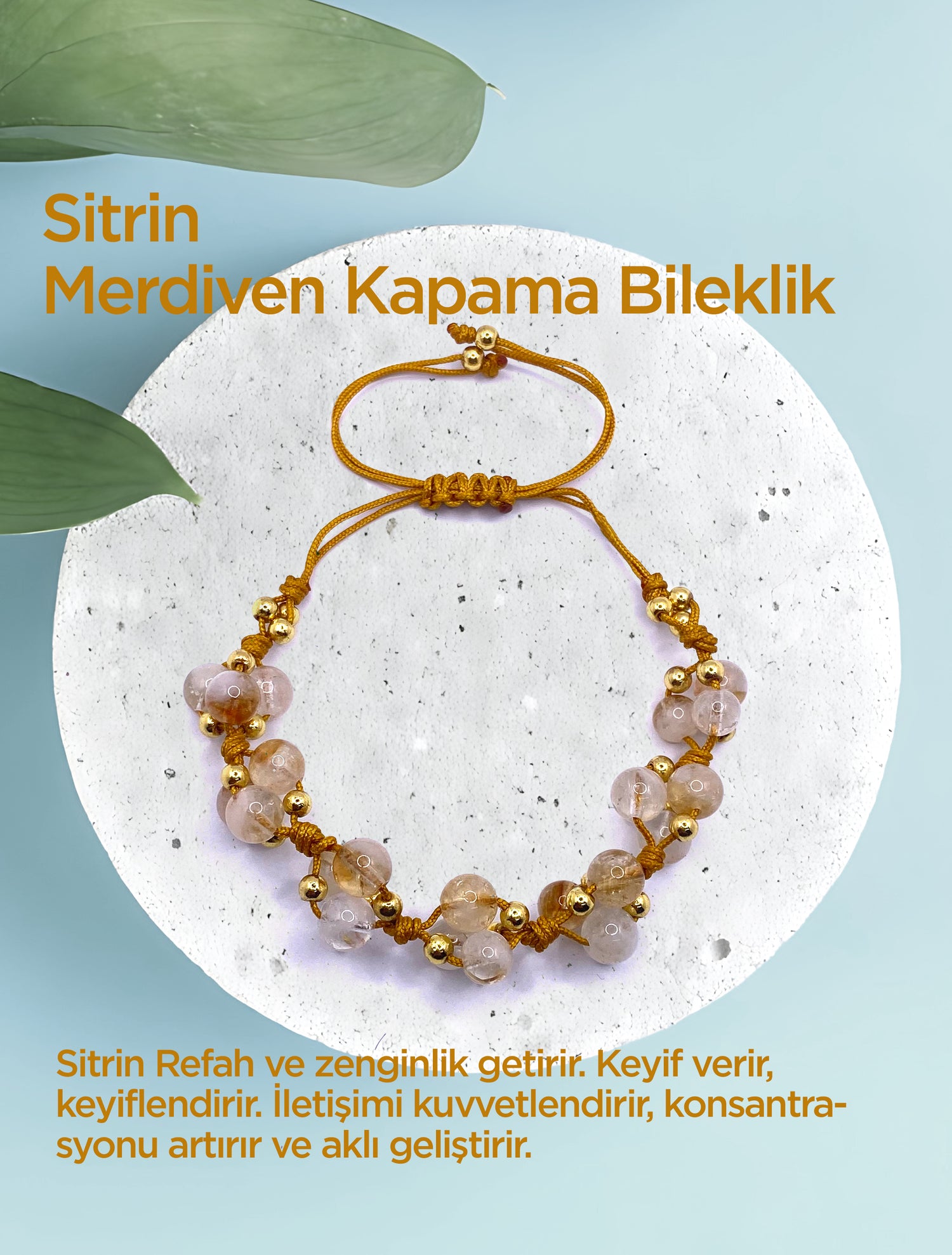 Sitrin Doğal Taş Merdiven Kapama İpli Her Bileğe Ayarlanabilir Bileklik 