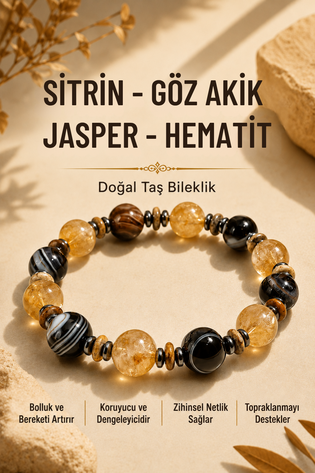 Sitrin - Siyah Göz Akik - Jasper - Hematit Doğal Taş Bileklik